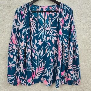 Lilly Pulitzer‎ Charleigh Top Womens Medium Floral V-Neck Balloon Sleeve Flowy